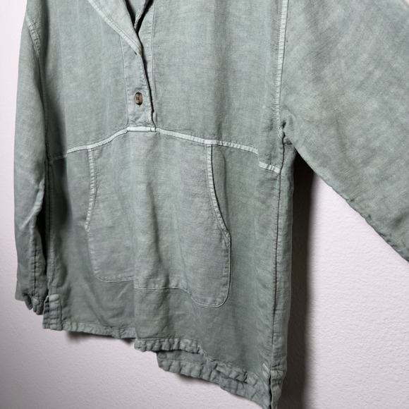 Nicole Miller Women 100% Linen Sweater Green Henley Lagenlook Coastal Minimalist - Picture 2 of 9